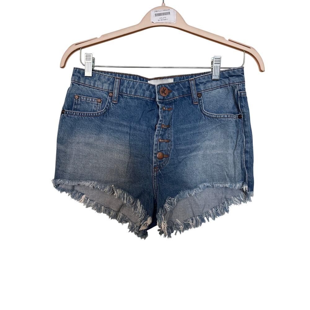 One Teaspoon Sz 26 Outlaws Mid Rise Button Fly Cut Off Denim Blue Jean Shorts